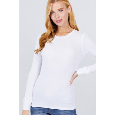 White Long Sleeve Crew Neck Thermal Knit