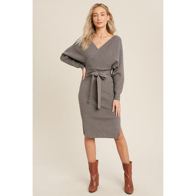 Surplice Belted Grey Sweater Dress