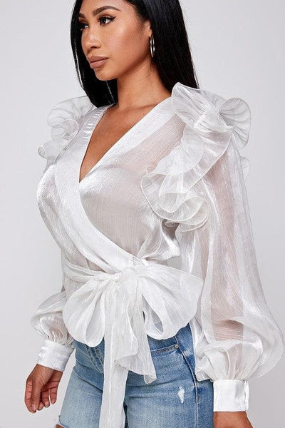 White Ruffle Surplice Blouse