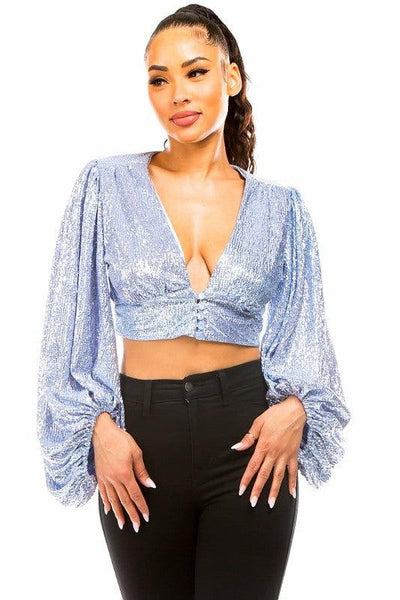 Sky Blue Plunging Neckline Sequin Crop Top