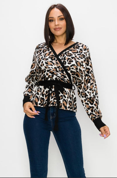 Leopard Knit Self-Tie Sweater Top