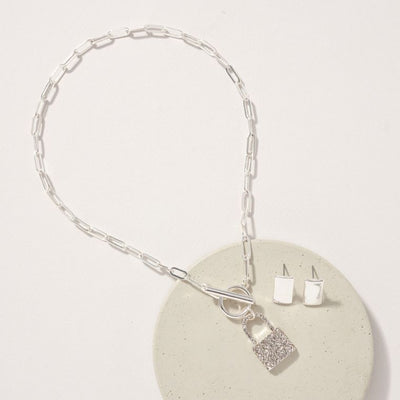 Lock Charm Rhinestones Chain Linked Necklace Set
