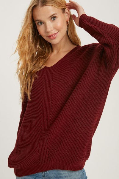 Burgundy Pointelle Ribbed V-Neck Pullover